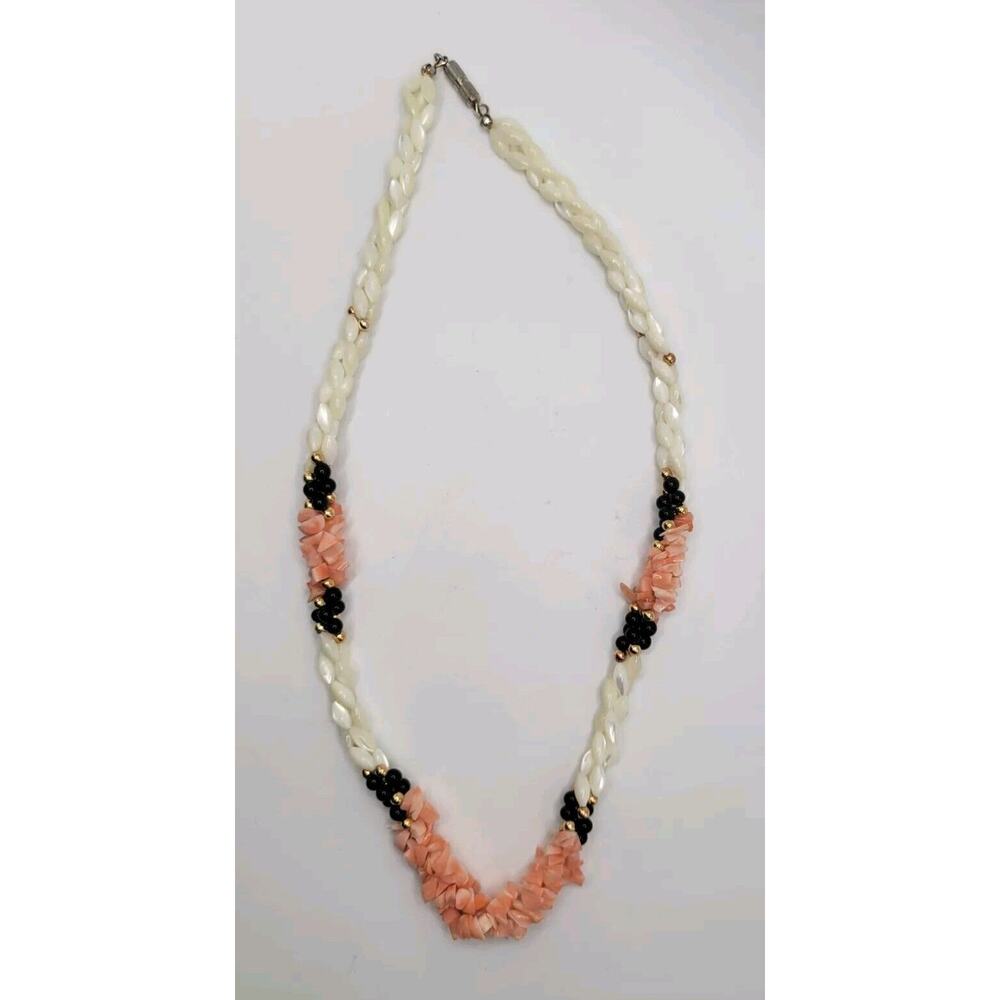 Vintage Triple Strand Braided Onyx Coral Bead MOP Rice Shell Necklace
